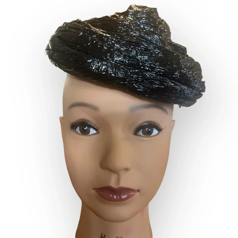 Artsy 1960’s Black Straw Hat, Black Cocktail Party Hat, Pillbox Hat - Picture 2 of 8